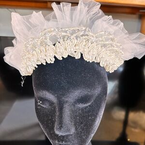 Beaded Pearl Tiara Headband with Tulle